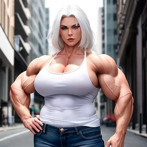 Prompt: {{white hair, heterochromia}}
{{woman, enormous muscles, giant muscles, muscular woman, hulking, flexing, biceps, full body}}
{{open shirt, jeans, street}}
perfect face, perfect body, photorealistic, hyperrealistic, photograph, 22mm lens, 4k, hard lighting