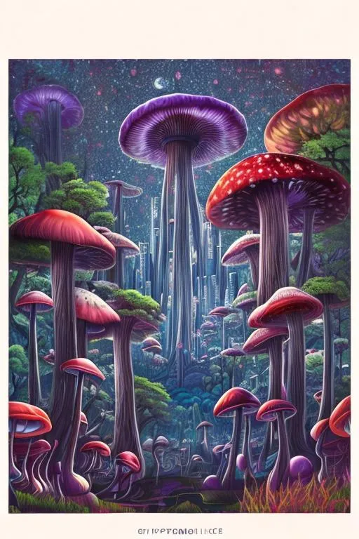 Prompt: Trippy dimension. Green oak trees. large red and purple mushrooms. Floating land. Sky scrappers. Technology blending with nature