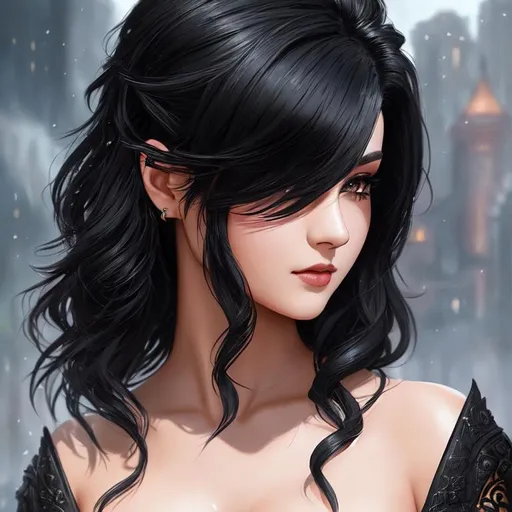 Prompt: Photo, portrait, 20 years old, short, chubby, medium lenght asymmetric  black hair with undercut, goth, fantasy city, heavenly beauty, 8k, 50mm, f/1. 4, high detail, sharp focus, perfect anatomy, highly detailed, detailed and high quality background, oil painting, digital painting, Trending on artstation, UHD, 128K, quality, Big Eyes, artgerm, highest quality stylized character concept masterpiece, award winning digital 3d, hyper-realistic, intricate, 128K, UHD, HDR, image of a gorgeous, beautiful, dirty, highly detailed face, hyper-realistic facial features, cinematic 3D volumetric, illustration by Marc Simonetti, Carne Griffiths, Conrad Roset, 3D anime girl, Full HD render + immense detail + dramatic lighting + well lit + fine | ultra - detailed realism, full body art, lighting, high - quality, engraved |