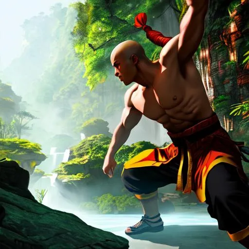 Prompt: fighting shaolin monks, dense jungle, (best quality)), ((illustration)), ((masterpiece)), hyperrealistic, cinematic lighting
