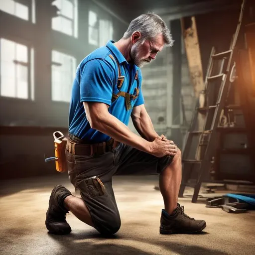 Prompt: handyman, tool belt, praying on his knees, full body, Hyperrealistic, sharp focus, Professional, UHD, HDR, 8K, Photo