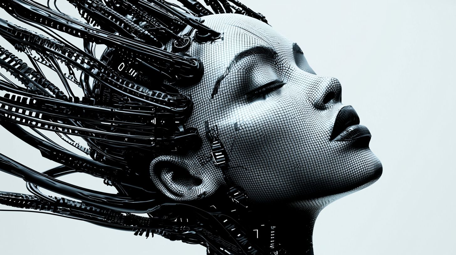 Prompt: pixelated digital face of a young woman with black wires behind her head, in the style of organic sculpting, afrofuturism, dark silver and dark black, uhd image, meticulous detailing, robotic motifs, sculptural expression --profile y8if64b