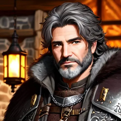 Prompt: Gruff male human, middle age, stubble, brown eyes, grey hair, scarred face, leather armor over chain armor, fur cloak, in an inn