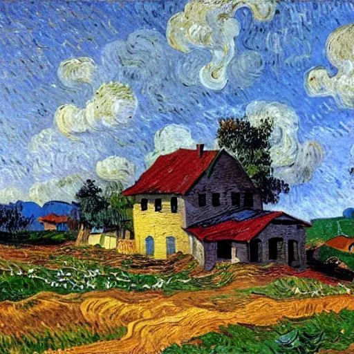 Prompt: oil painting by Vincent VanGogh big old farmhouse on a hill with a dirt road meandering up to it, pleasant, sunny, deep dramatic brushstrokes, textured brushstrokes, paint knife textures, Award-winning cgi, blender, rendered in maya 