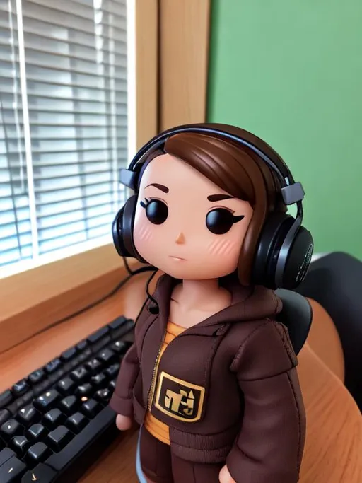 Prompt: cute funko pop female figure with shoulder length brown hair, brown eyes, holding a keyboard and wearing a headset