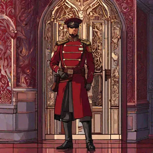 Prompt: A soldier in an elegant high uniform. He wears a off duty cap. The uniform is red Wine in color. He stand in guard duty. A ornate scifi door in background. Rpg. Rpg art. 2d. 2d art. 