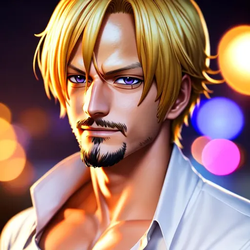 Prompt: Sanji One Piece, Highly Detailed, Hyperrealistic, sharp focus, Professional, UHD, HDR, 8K, Render, HD, Trending on ArtStation, bokeh, outdoor, close up, one piece, evil, dramatic, dramatic lighting,