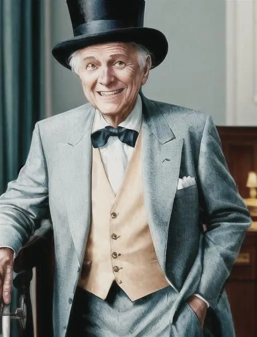 Prompt: , old man, suit, top hat, cane, smile, money, kind