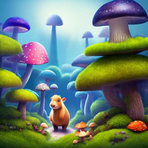 Prompt: a Cute capybara trotting through a Mushroom cavern, grey mist, darkness, blue light, Blackstone, cavern huge mushrooms, fungus village, dark-green mossy ground.  happy, naughty, cartoon style, ultra-clear.