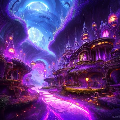 Prompt: HD, 4K, 3D, Stunning, magic, cinematic camera, two-point perspective,elf city, underground city, purple and black, magic purple light, dark purple ambient,gorgeous fantasy city