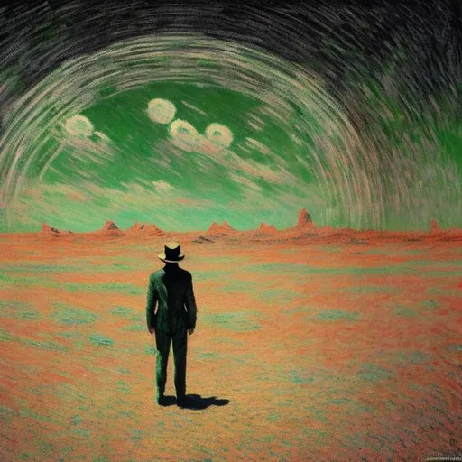 Prompt: A man in a suit standing alone in a wide open space at the end of the world in the style of monet 