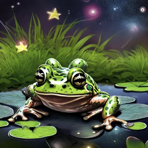 Prompt: Frog is eating stars while sitting in The pond 