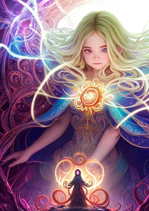 Prompt: a lovecraftian chaos-born outer god standing in front of two overlapping rings radiating power, energy gown, madness, insanity dimension, smooth soft skin, soft lighting, beautiful detailed eyes, little girl, perfect body, beautiful intricate colored hair, symmetrical, full body, perfect composition, hyperrealistic, super detailed, 8k, high quality, trending art, trending on artstation, sharp focus, studio photo, intricate details, highly detailed, by makoto shinkai, stanley artgerm lau, wlop, rossdraws, concept art, digital painting