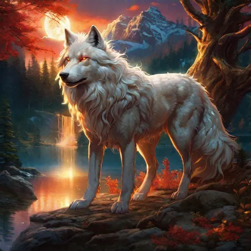 Prompt: Insanely beautiful (canine quadruped), glowing body, thick brilliant pearl-white mane, on two legs, translucent, luminescent, illusion, glistening fiery mane, glows like the sun, flaming red eyes, majestic wolf face, energetic fox, in a magical forest near a lake, moonrise, beneath the stars, crystal lake, corona, glowing outline, waterfall, bioluminescent, highres, best quality, concept art, epic digital art, intricately detailed, cinematic, 8k eyes, highly detailed eyes, highly detailed, 64k, vibrant, UHD, professional, intricately detailed background, mid shot, close up, masterpiece, professional, oil painting