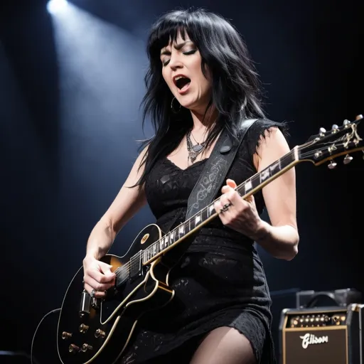 Prompt: a woman rock guitarist with black hair wearing black rock goddess pose, Gibson guitar, on stage singing and playing guitar 