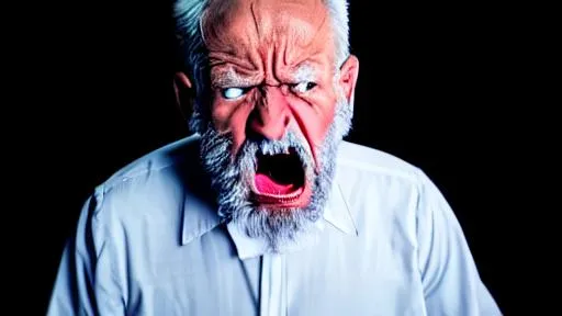 Prompt: Old man staring and screaming. His eyes show anger. He is scary