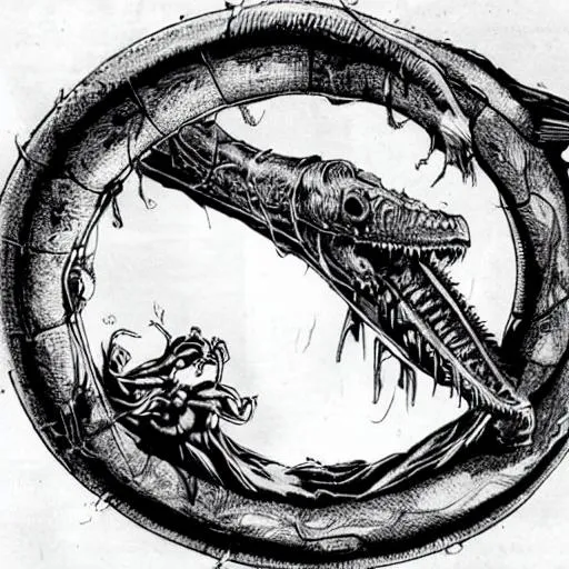 Prompt: The corpse of the Leviathan is suspended in the air. It appears as if the creature has been fashioned into a giant ouroboros. Its decaying body is twisted and contorted into an endless loop.