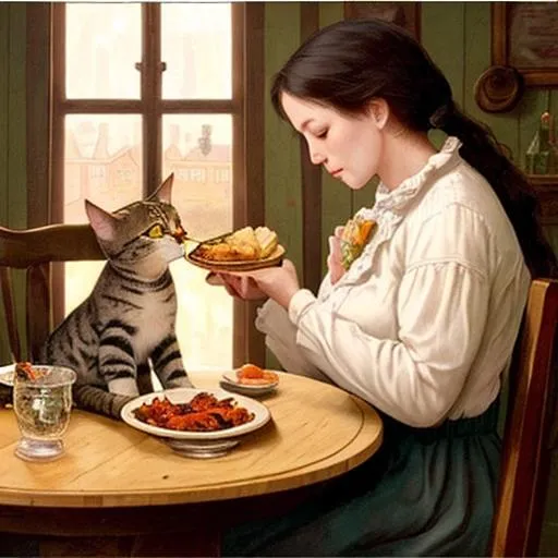 Prompt: A cat sits on a table looking at a woman who sits there with him. She shares her meager supper with him praying to God, thanking him for the meal. in the style of Thomas Kincaid

