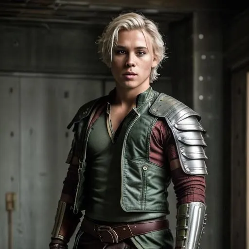 Prompt: portrait of a The 100 tv show themed Trikru transgender male warrior with short jaggedly cut platinum blonde hair and green eyes wearing tattered makeshift clothes and boots