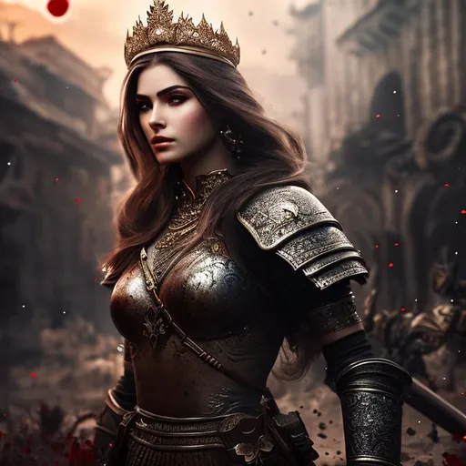 Prompt: create beautiful fictional female with crown who is covered in blood and fighting in war, extremely, detailed environment, detailed background, intricate, detailed skin, natural colors , professionally color graded, photorealism, 8k, moody lighting


