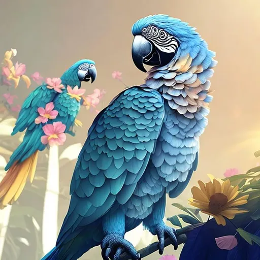 Prompt: cute, a blue parrot, sun light, with flowers, concept art