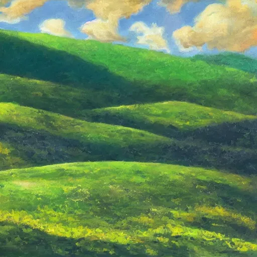 Prompt: realistic green hill with bright blue sky and some clouds, warm colour palette
