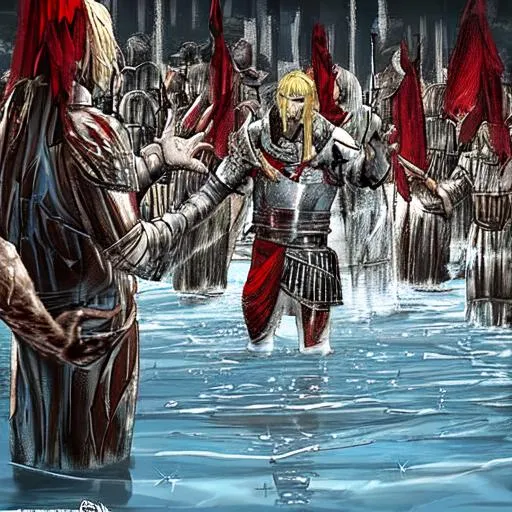 Prompt: The Dragoon Emerging from the lake next. Ragnar, wet from water, stepping on it. Telkrest’s pride and joy. Confident as ever. A taker in his giving nature. Having blonde hair and a strong build fit for a king, he arrives. In his skin, he is armored, fluctuating a red, black and white color. With one eye, a piercing red and the other, a glazed white. “This’ll be fun.”

