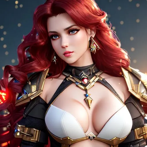 Prompt: Beautiful girl with a dark serious gaze, ((wearing mecha armoured top), ((red wavy hair)), ((golden eyes)), ((diamond earrings)), ((jewelry)), glowing, trails of light, slight sparkles, Post Apocalyptic, steampunk theme, unreal engine 8k octane, 3d lightning, stellar, quartz, gem rain, soft white skin, luminous chest, fantasy, snow