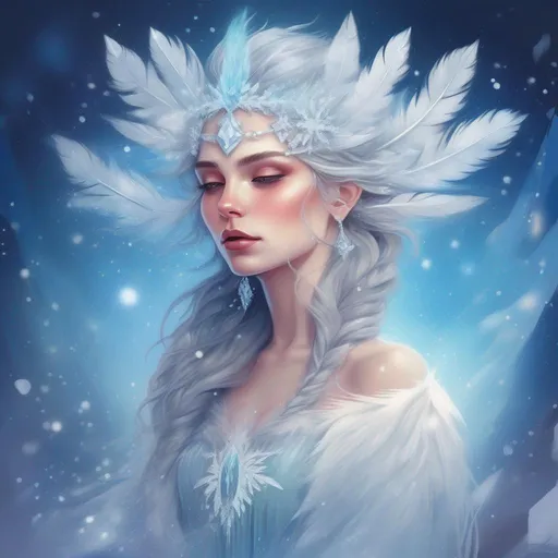 Prompt: Colourful and beautiful ice queen Persephone with snow feathers for hair, wearing a dress made of snow feathers, wearing crystal jewelry framed by the sun, constellation and snow, in a dreamy painted style