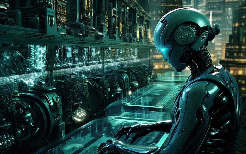 Prompt: the world of robotics in india, in the style of futuristic digital art, teal and silver, alien worlds, urban energy, daz3d, historical illustration, blink-and-you-miss-it detail