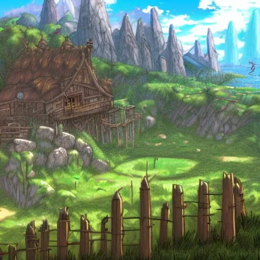 Prompt: fantasy style pig pen landscape farming fence anime, cartoon, cel shaded, studio ghibli style, world of warcraft, final fantasy, dungeons and dragons