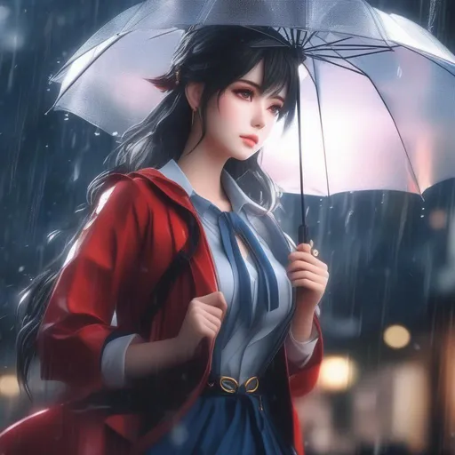 Prompt: 3d anime woman and beautiful pretty art 4k full HD thundering and raining outside
