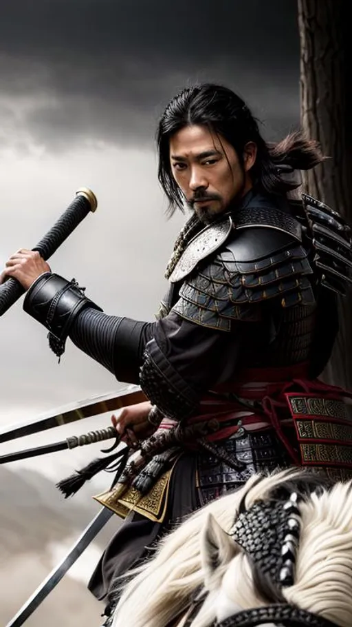 Prompt: Young Hiroyuki Sanada as a Samurai Photorealistic Overdetailed Portrait, Well Detailed face, Black and Dark grey Robes and Armor, Black hair, Detailed Hands, Detailed Twilight Background, Intricately Detailed, Award Winning, Photograph, Film Quality, (No Red Colors)