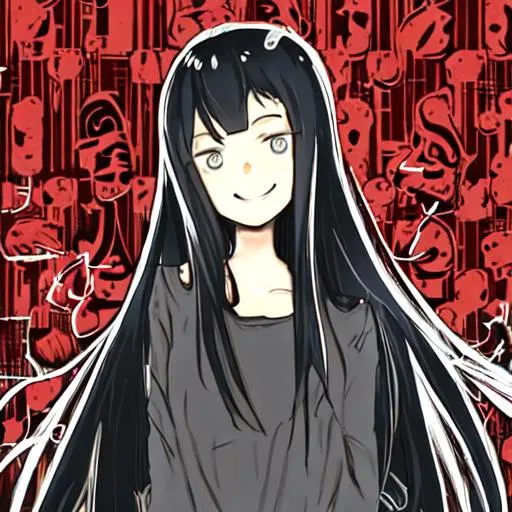 Prompt: a highschool girl with black long hair smiling