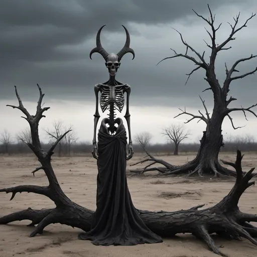 Prompt: Create a demonic figure embodying antinatalism. The demon should have a dark, somber presence with shadowy, skeletal features. Include broken or corrupted symbols of birth and life, such as a cracked baby doll, an hourglass with its sand almost gone, and wilted flowers. The setting should be a desolate, barren landscape with dead trees and a bleak, overcast sky. The demon's expression should convey melancholy and resignation, with a contemplative posture