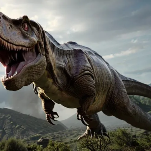Prompt: AN ENORMOUS T REX DINOSAUR ROARING ON A HIGH CLIFF HD QUALITY 