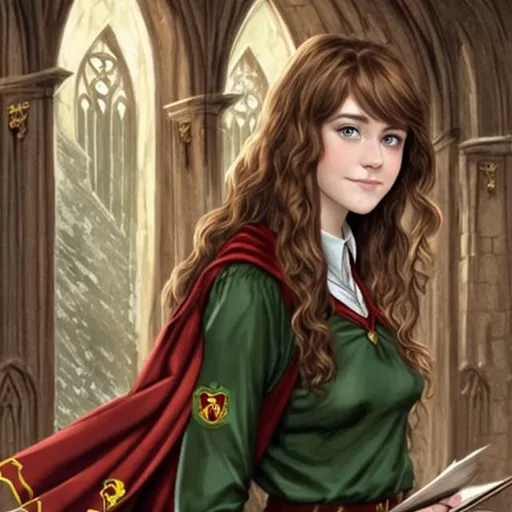 Prompt: brown-haired, green-eyed woman as a Gryffindor student at Hogwarts