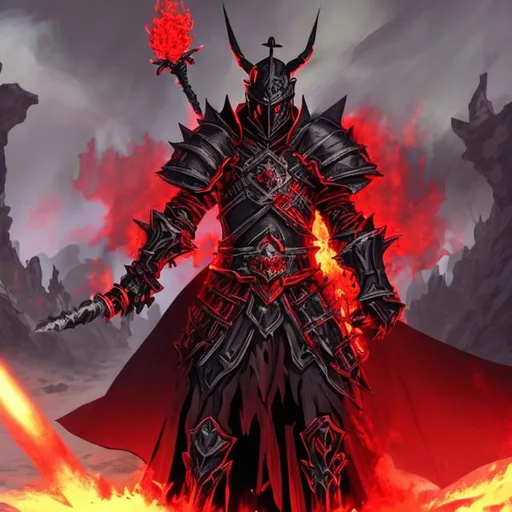 Prompt: a black knight with a red magic aura and a dark red flaming sword  in a dark wasteland area