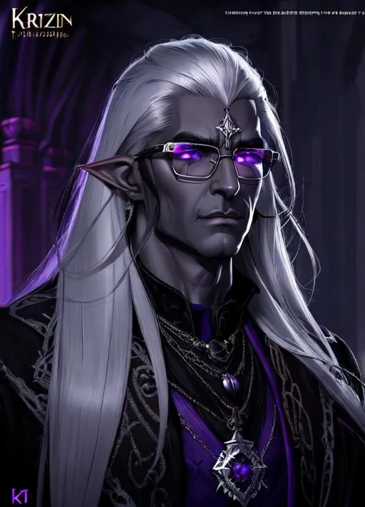 Hyperdetailed old male dark Elf, grey long hair, pur... | OpenArt