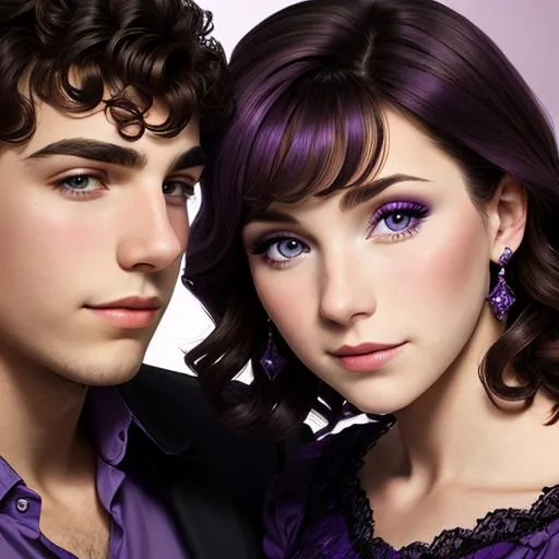 Prompt: Woman wearing a purple dress,  with a young man with dark hair, facial closeup