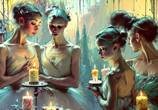 Prompt: in the foreground a cake with candles, front faces two ballerinas looking at the cake, white hair, abstract, centered, approaching perfection, dynamic, moonlight, highly detailed, digital painting, artstation, concept art, smooth, sharp focus, illustration, art by Carne Griffiths and Wadim Kashin, painting by Edgar Degas