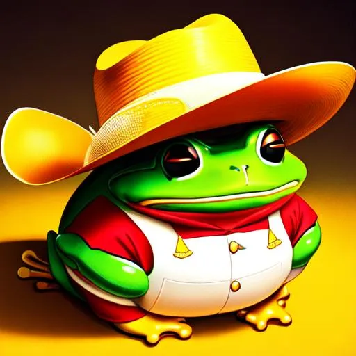 Prompt: (((fat frog made out of corn))) (((wearing cowboy hat))) art style of sam yang and james jean! cute (((neon))) surrealism, 