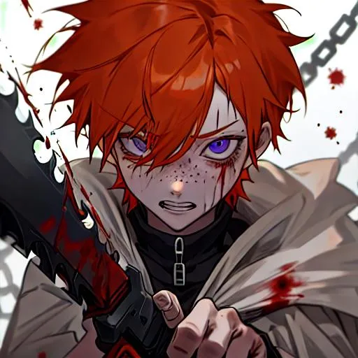 Prompt: Erikku male adult (short ginger hair, freckles, right eye blue left eye purple) 8K, Highly detailed, insane detail, best quality, high quality, holding a chain saw, covered in blood