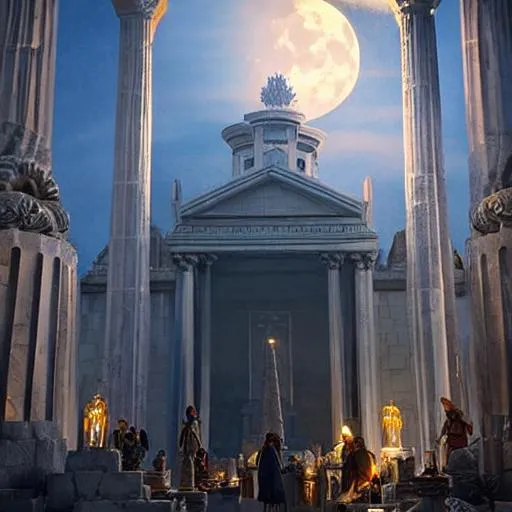 Prompt: a funeral fire, at night, full moon, inside a beautiful greek city, covered in pillars and sculptures, D&D, highly detailed, digital painting, concept art, sharp focus, illustration, art by artgerm and greg rutkowski and alphonse mucha