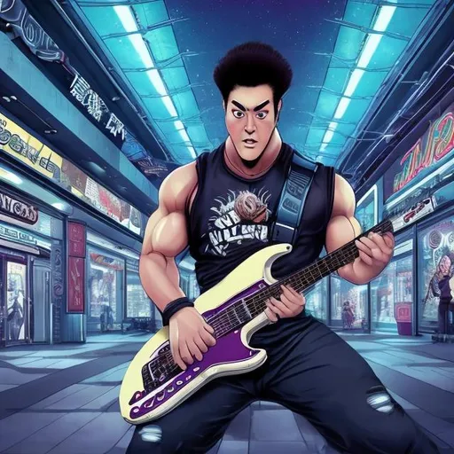 Prompt: Bodybuilding Akita playing guitar for tips in a busy alien mall, widescreen, infinity vanishing point, galaxy background