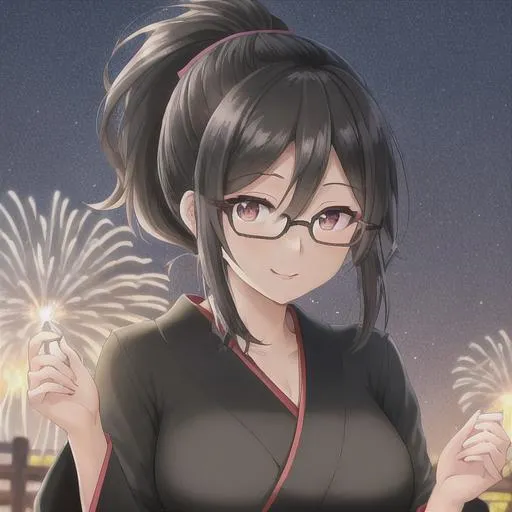 Prompt: mature lady, 30 years old, Black ponytail hair, dark skin like wheat
Expression: Green pupils, smile, left eye is closing and right eye is opening

Background: Niigata where fireworks are going off in the sky
Time: Evening

Face: Pure dark black extra size full-frame glasses, black long hair, 
Upper body: Wearing a Japanese-style kimono with a solid matcha green color