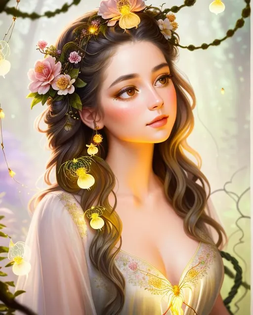 Prompt: front view painting of a beautiful girl, style of fragonard and Yoshitaka Amano (light hair with flowers, messy), ropes, ((forest background)), bioluminescent, (wearing intricate clothes), vines, delicate, soft, fireflies, spiders, spider webs, webs, silk, threads, ethereal, luminous, glowing, dark contrast, celestial, ribbons, trails of light, 3D lighting, soft light, vaporwave