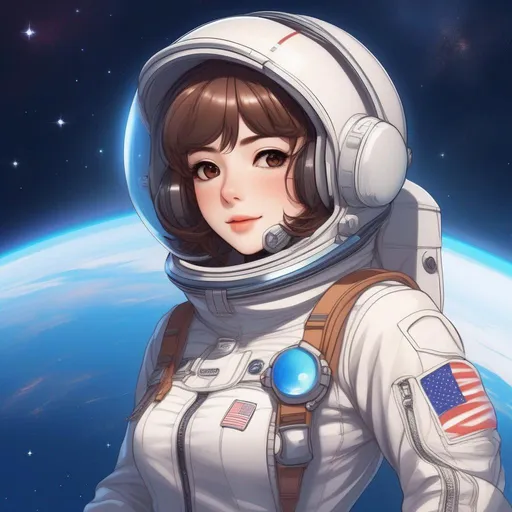 Prompt: anime waifu girl confidently sporting an astronaut suit that highlights her allure. Showcase her distinctive wide hips and captivating thick thighs within the suit, while her brown hair is elegantly tied in a ponytail. She exudes an air of adventure, wearing aviator sunglasses but forgoing the helmet, as she effortlessly embodies the perfect blend of space exploration and irresistible femininity.