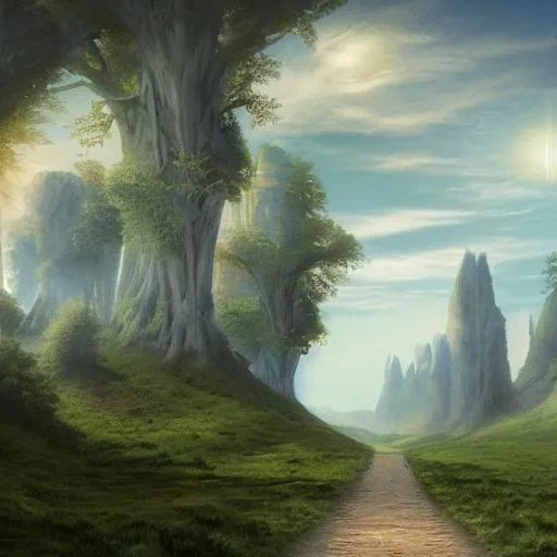Prompt: detailed light fantasy matte painting of a long stone road, sweeping wide open area
