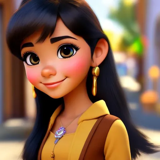 Prompt: Disney, Pixar art style, CGI, mexican girl with long straight black hair, tan, sturdy body, big eyebrow, 